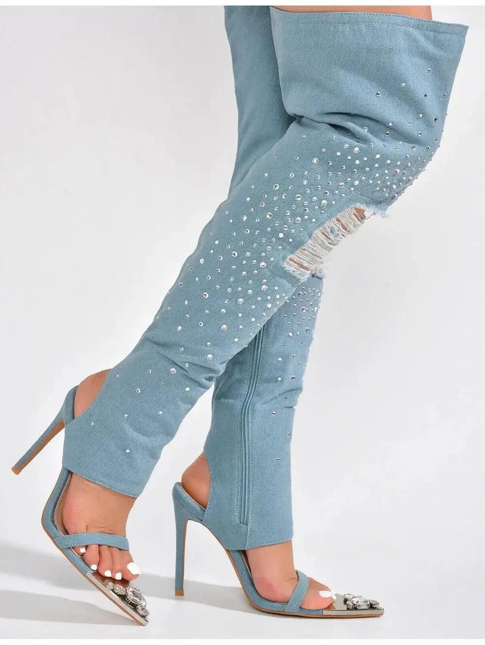 CAPE ROBBIN Kyara Rhinestone Denim Thigh High Heel Boots - Picture 1 of 9